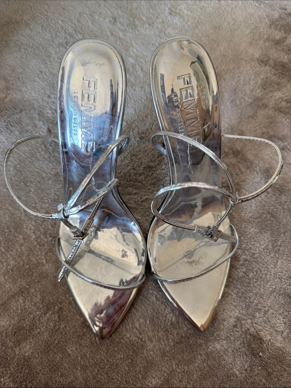 FEMME Los Angeles Silver Strappy Pointed-Toe Heels